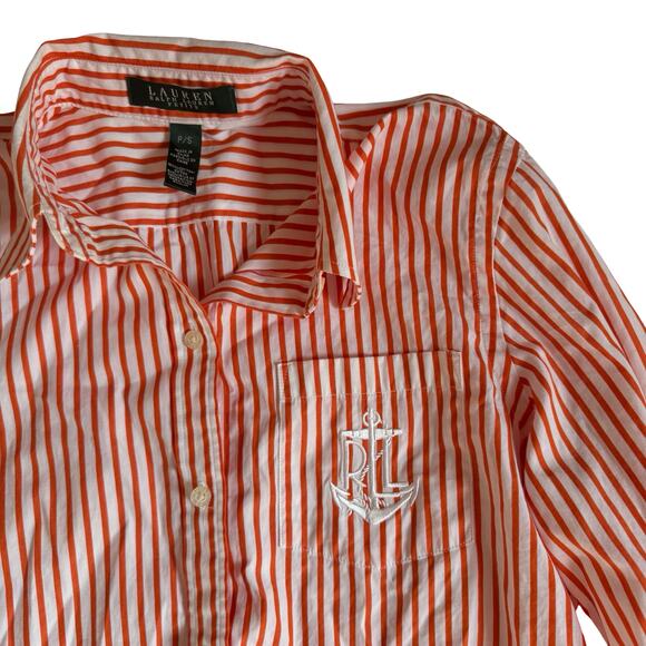 Lauren Ralph Lauren Striped Shirt P/S Orange White Anchor Crest Nautical Preppy - Picture 2 of 9